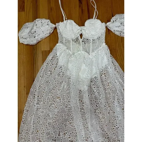 For Love & Lemons Romi Midi‎ Dress in White Small Floral Eyelet Puff Sleeve